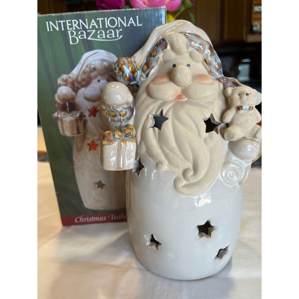 International Bazaar Santa Christmas Tealight Holder Porcelain Luminary 10 inch